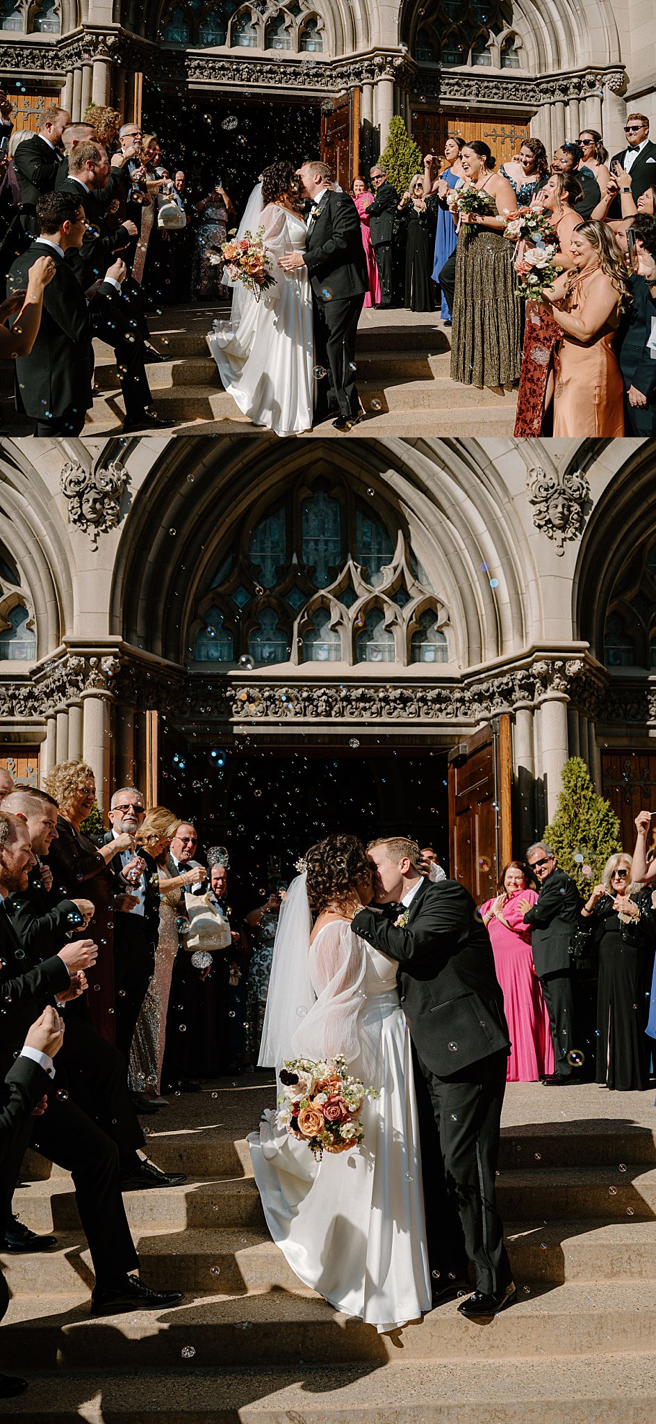 newlyweds kiss as they leave the church for Galleria Marchetti