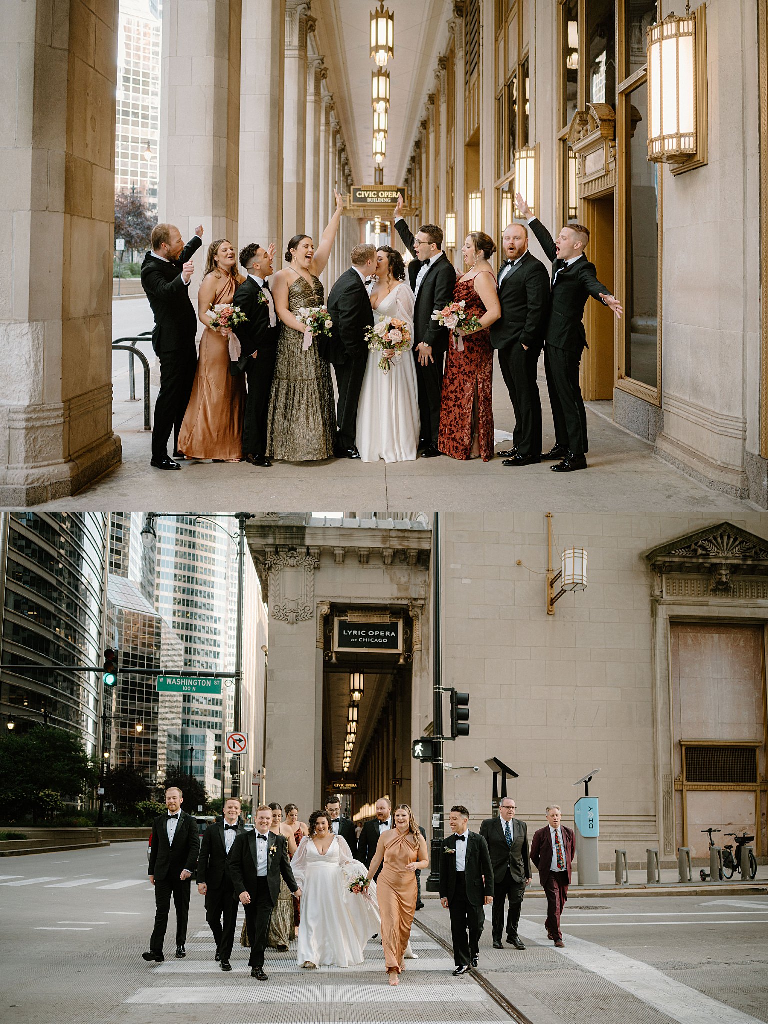 wedding party celebrates newlyweds at civic opera building by Chicago Wedding Photographer