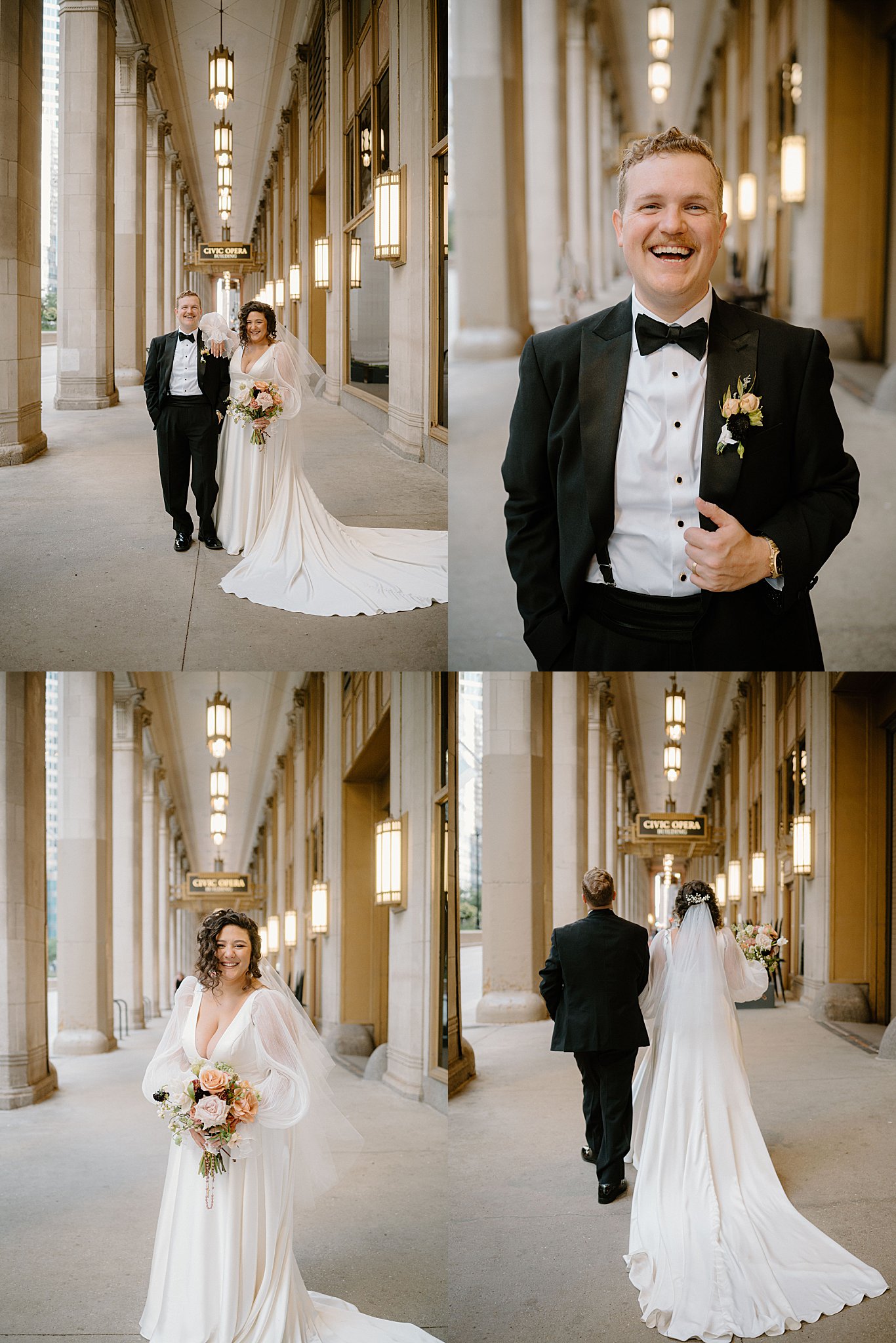 bride and groom walk along the coverings at civic opera building by Indigo Lace Collective