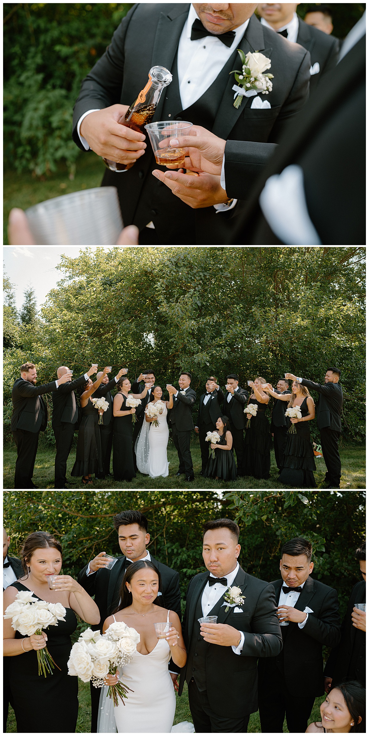 groom pours champagne for wedding party by Midwest wedding photographer