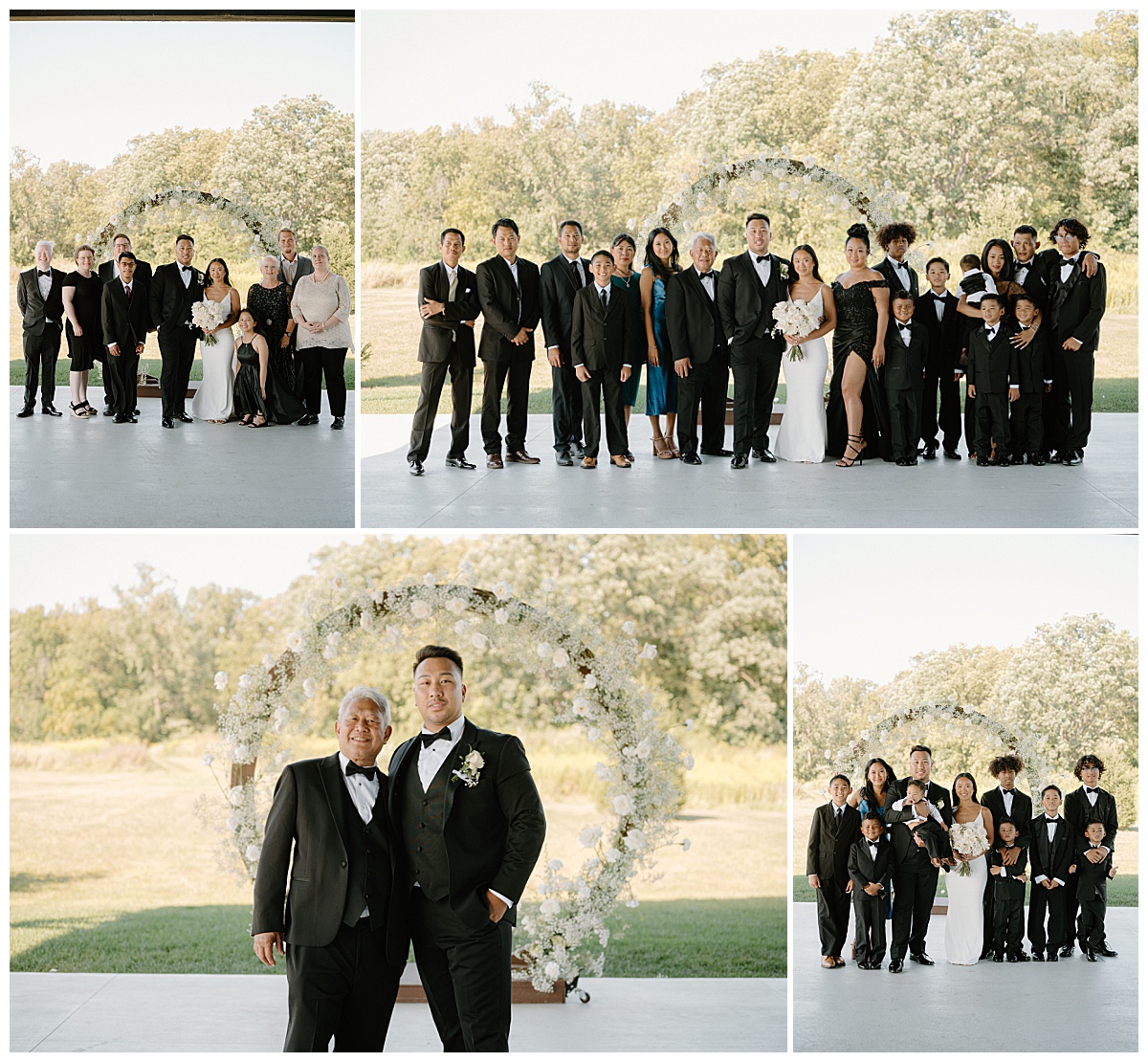 family stands with couple in front of ceremony arch by Midwest wedding photographer