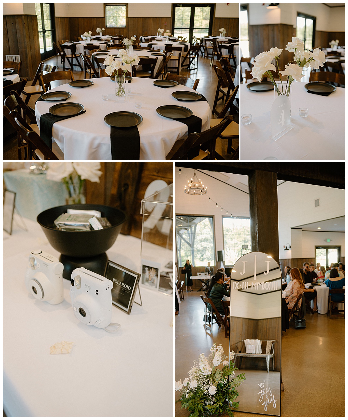 reception tables adorned with white roses and black plates by Midwest wedding photographer