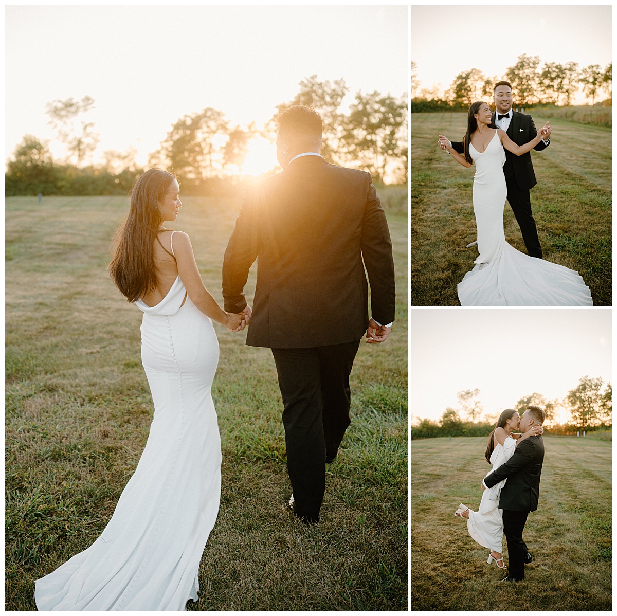 couple walks holding hands during golden hour by Midwest wedding photographer