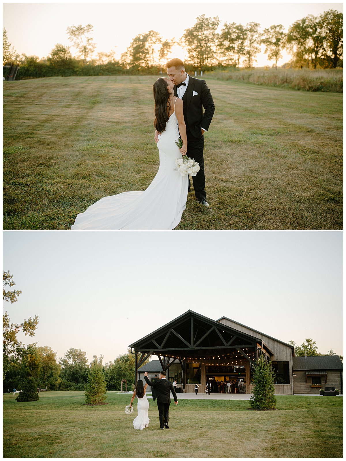 couple holds hands together in air as they walk toward barn by Indigo Lace Collective