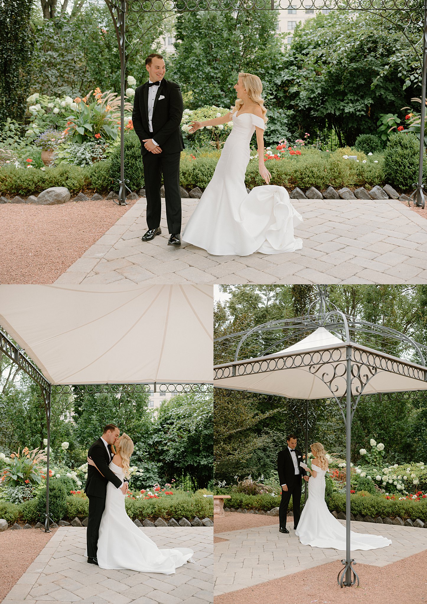 couple has first look on patio by Midwest wedding photographer