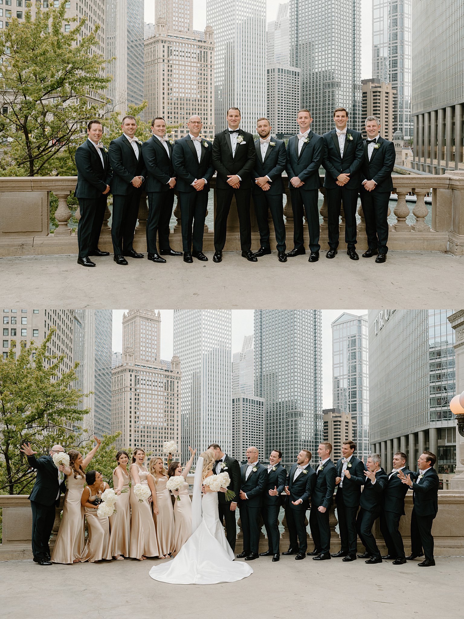 bridal party gathers to celebrate above the Chicago river before romantic Galleria Marchetti ceremony