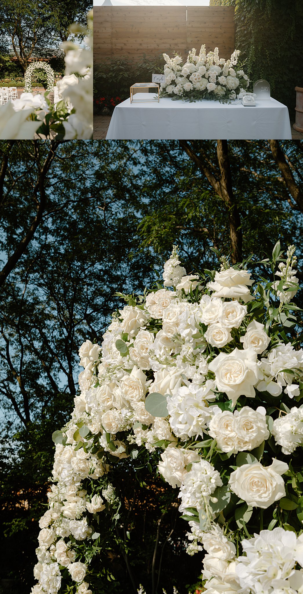 large white florals decorate arches and tables at reception by Midwest wedding photographer