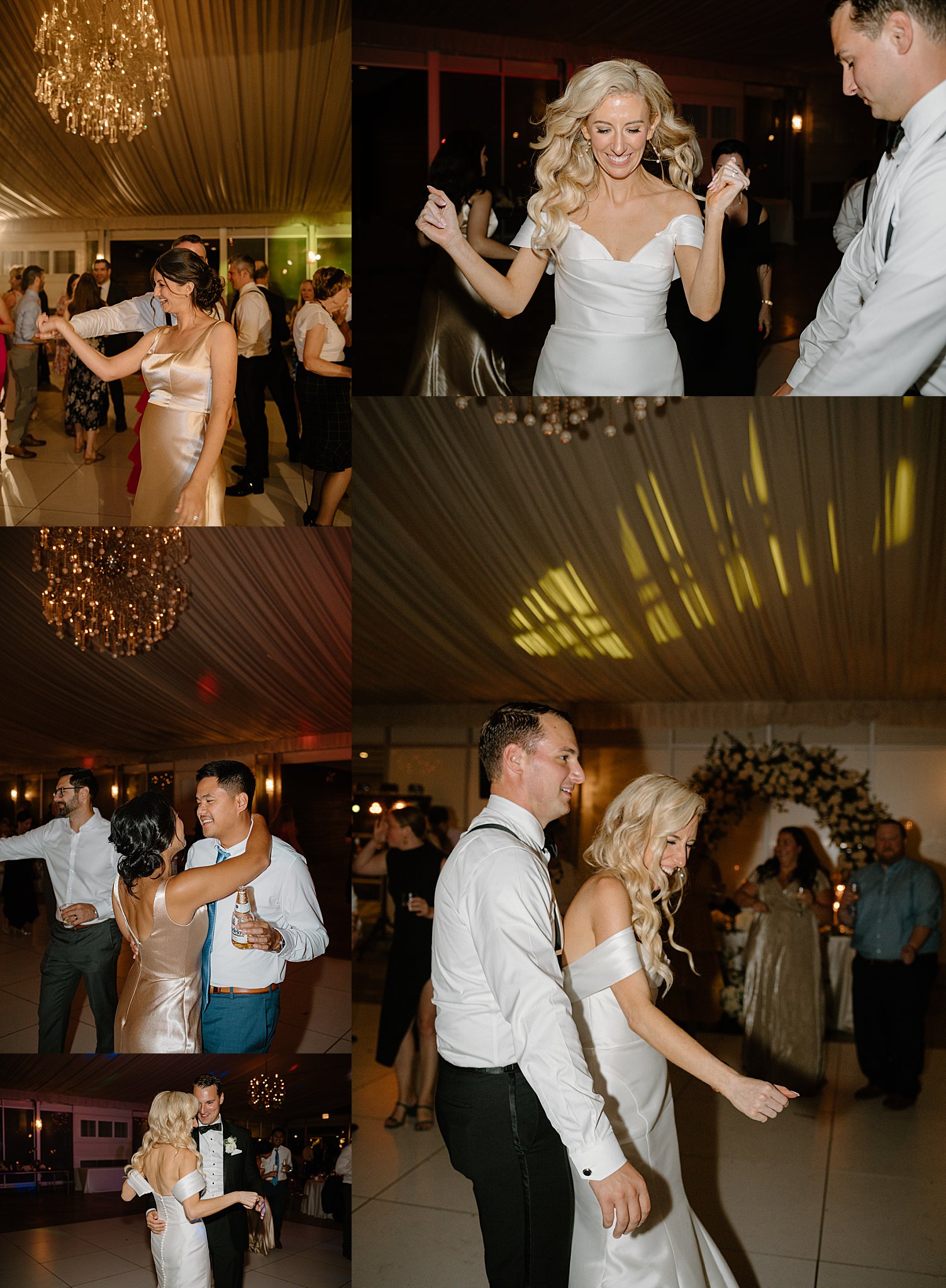 bride and groom dance with guests at the reception by Indigo Lace Collective