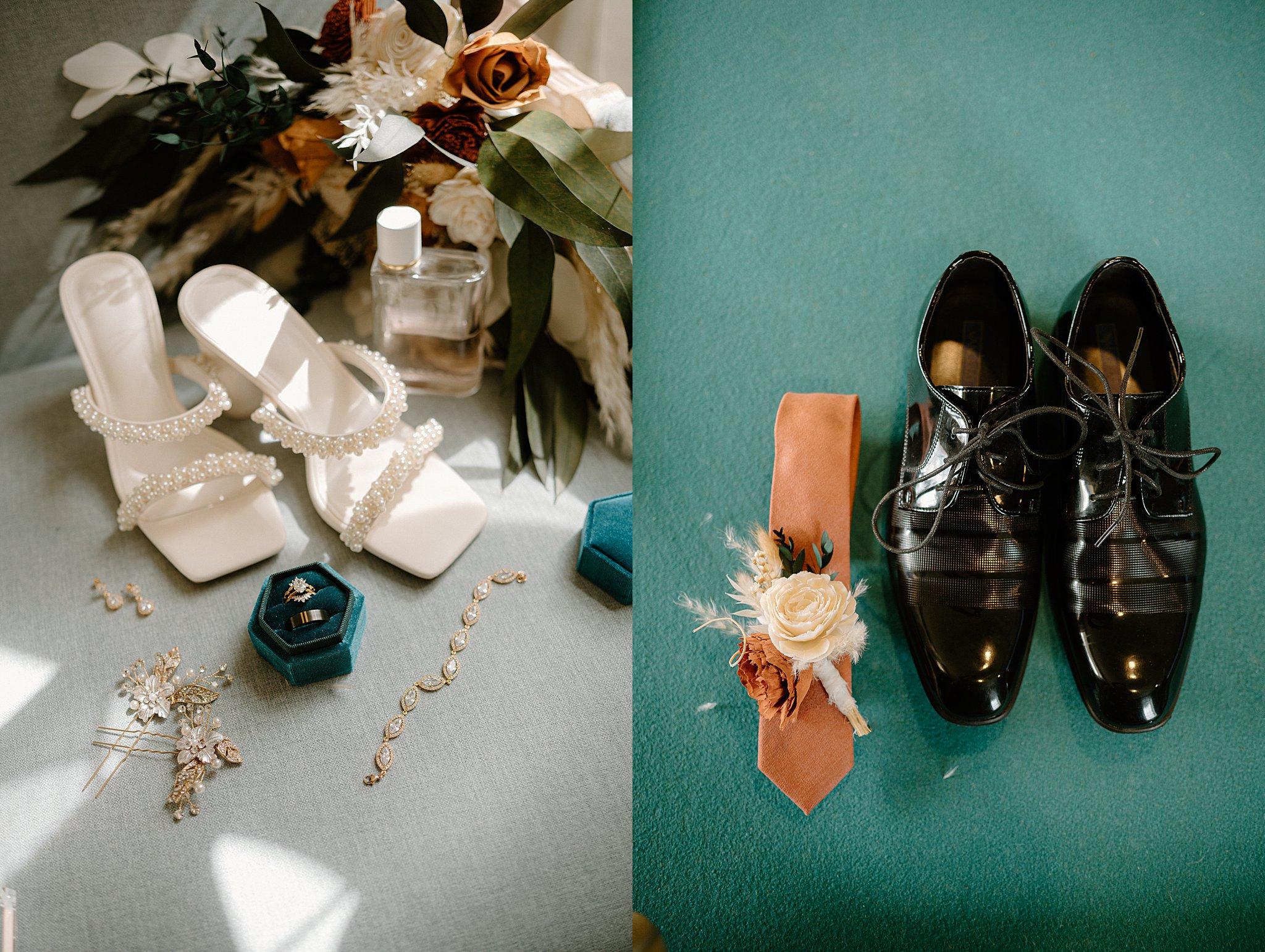 bride's shoes and accessories next to groom's shoes and accessories by Midwest wedding photographer