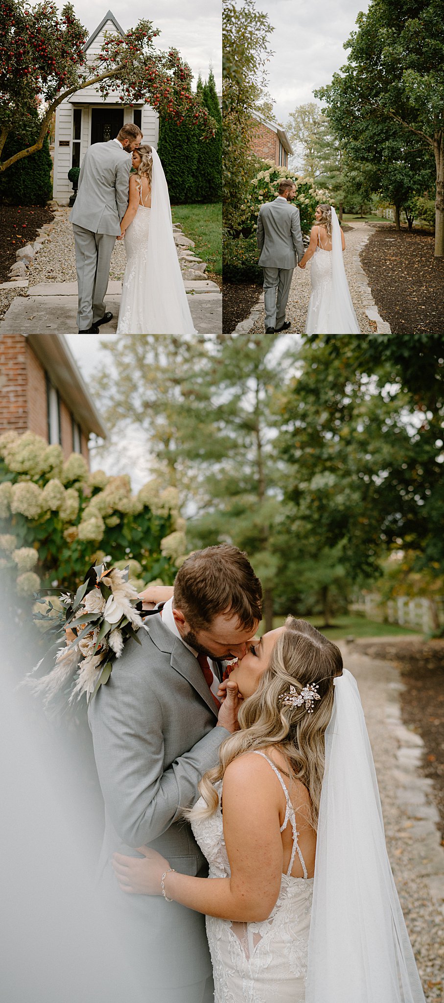 couple holds hands as he kisses her forehead by Midwest wedding photographer
