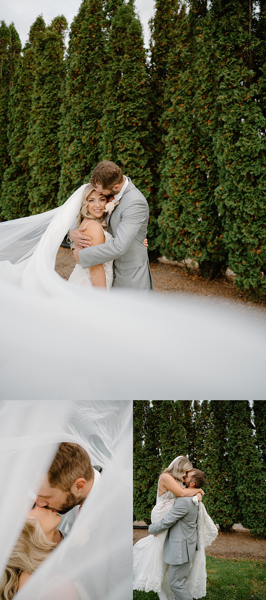 husband and wife hug as her veil blows around them in the wind by Indigo Lace Collective