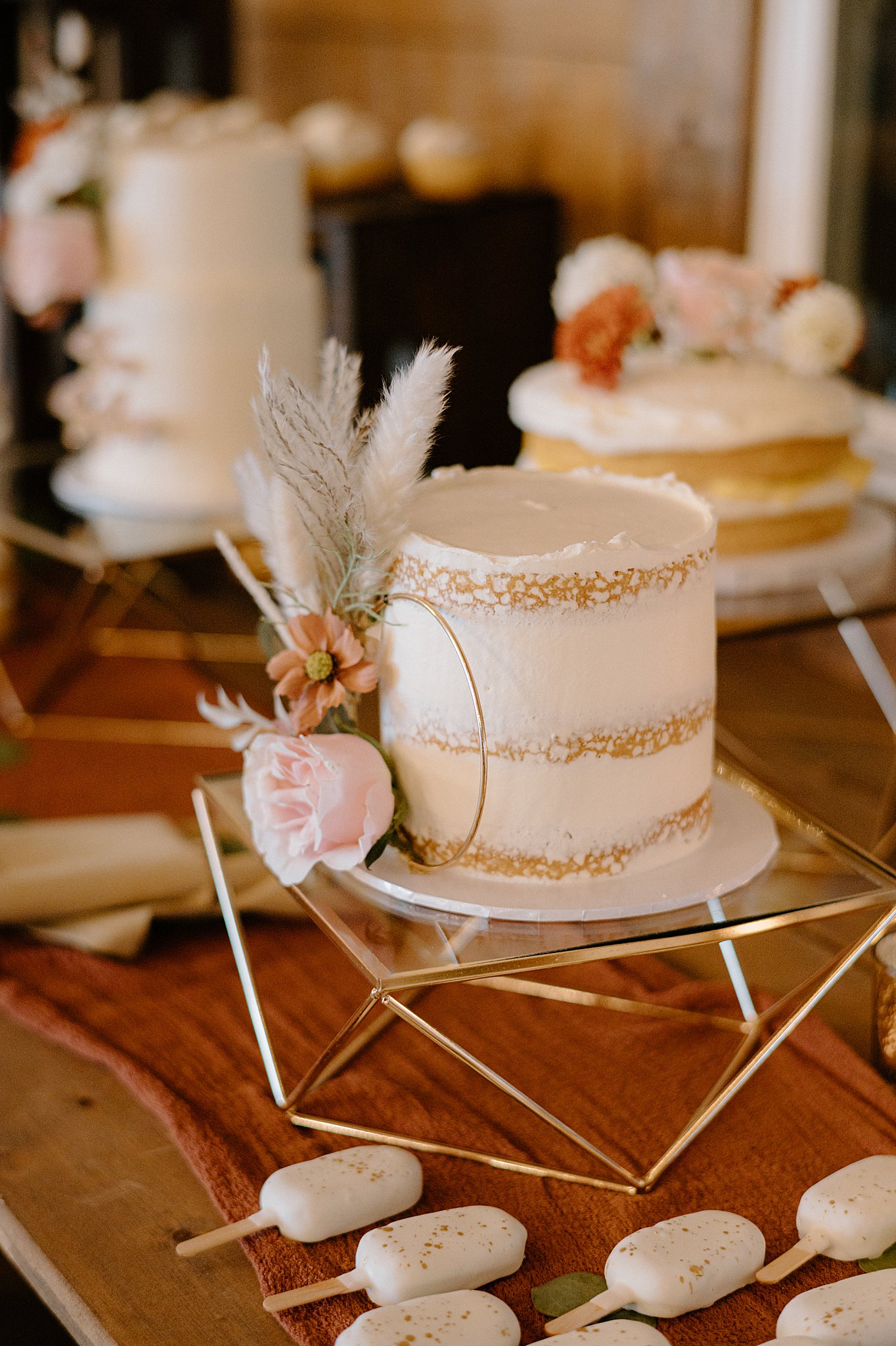 simple cake sits on stand surrounded by cake pops by Midwest wedding photographer