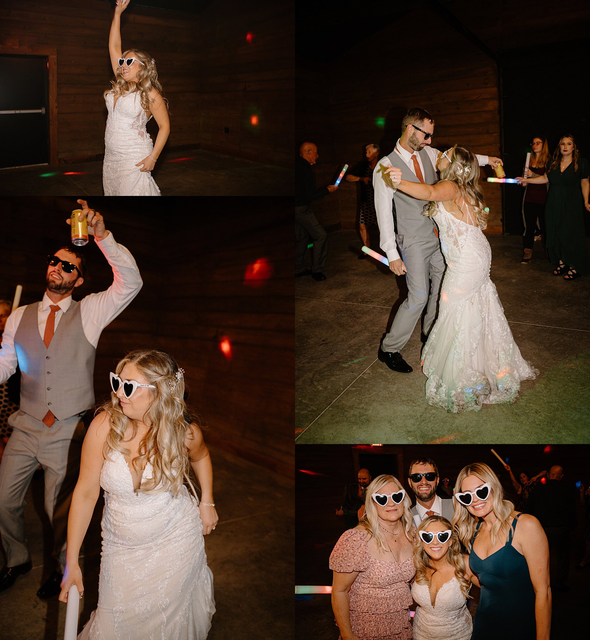 wedding guests dance with the newlyweds wearing heart sunglasses by Indigo Lace Collective